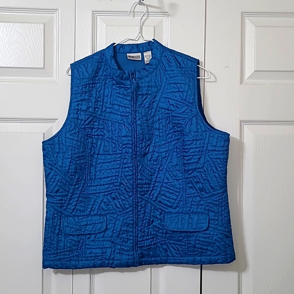 Teal Blue Zip-Up Vest, Quilted Design w/pockets, Chico's Size2=Large Like New